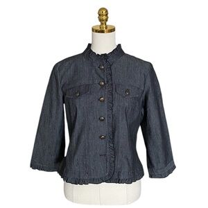 SANDRO | Women’s Ruffle Trim Black Denim Button Down Jacket Size PM